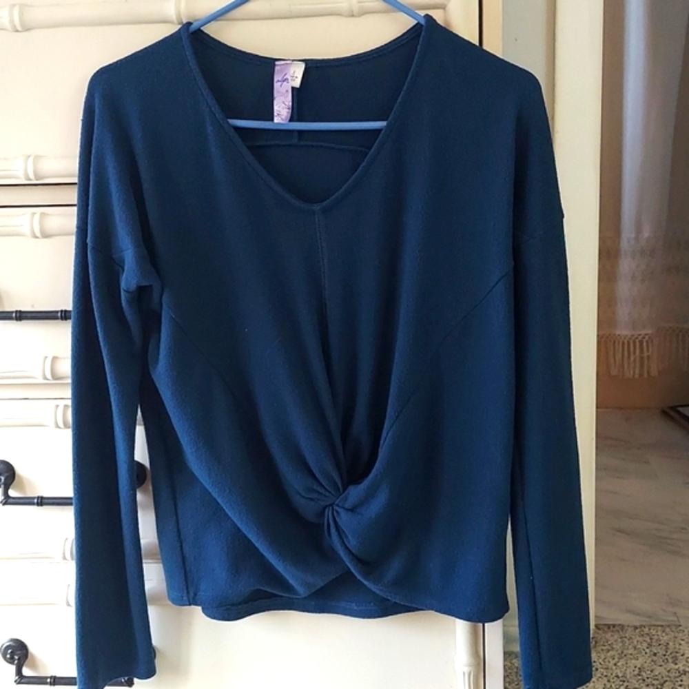 Anthropologie Alya Twisted Knot Front Blue L/S Sleeve Top Blouse Sz S